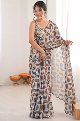 Chiffon digital print scallped border foil mirror work saree