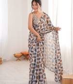 Chiffon digital print scallped border foil mirror work saree
