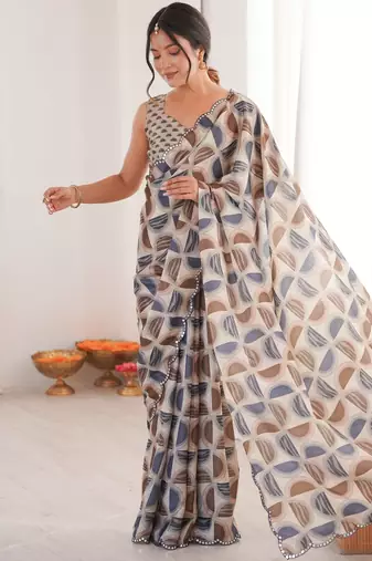 Chiffon digital print scallped border foil mirror work saree