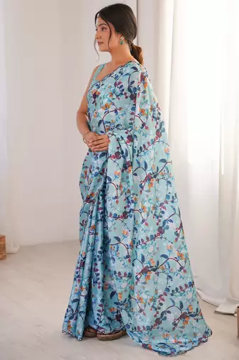Chiffon digital print scallped border foil mirror work saree