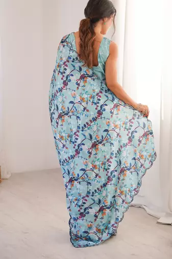 Chiffon digital print scallped border foil mirror work saree