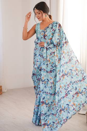 Chiffon digital print scallped border foil mirror work saree