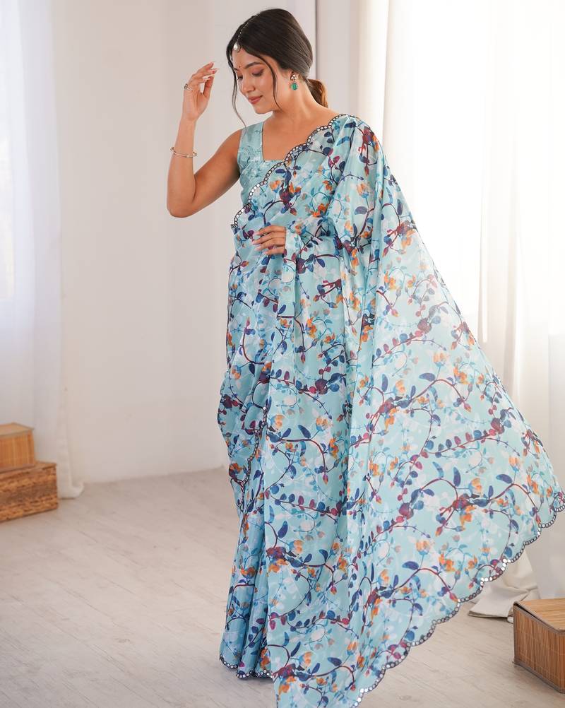 Chiffon digital print scallped border foil mirror work saree