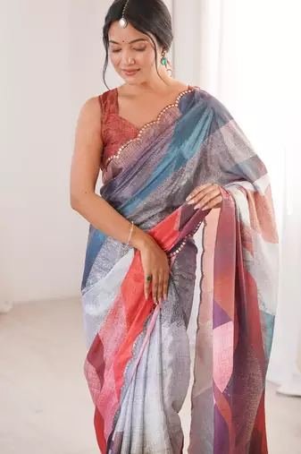 Chiffon digital print scallped border foil mirror work saree