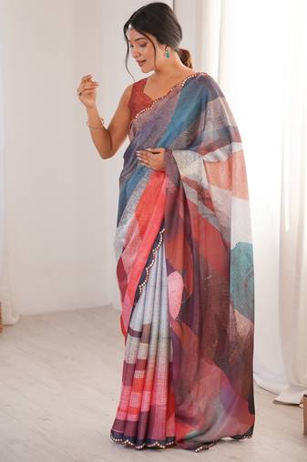 Chiffon digital print scallped border foil mirror work saree