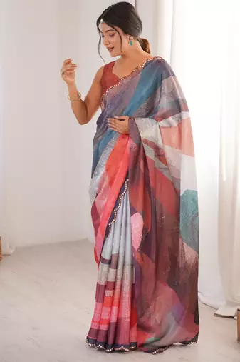 Chiffon digital print scallped border foil mirror work saree