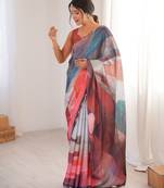 Chiffon digital print scallped border foil mirror work saree