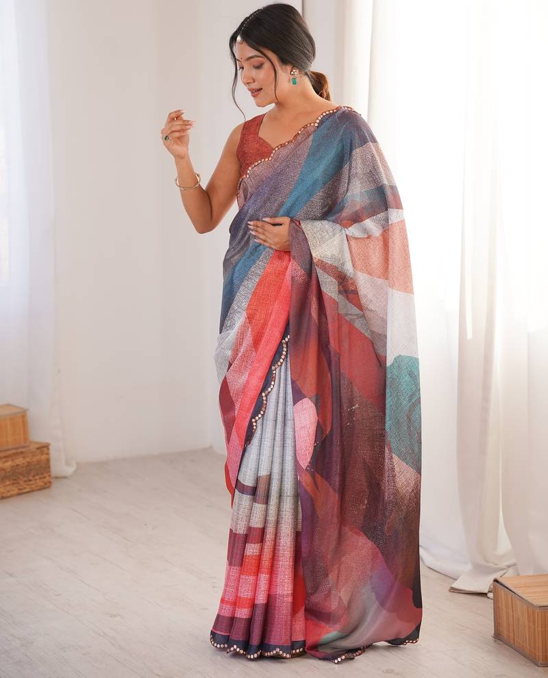 Chiffon digital print scallped border foil mirror work saree