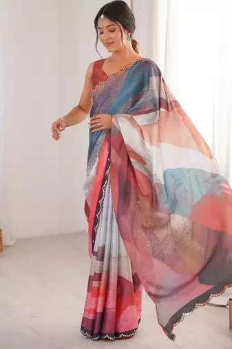 Chiffon digital print scallped border foil mirror work saree