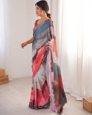 Chiffon digital print scallped border foil mirror work saree 4