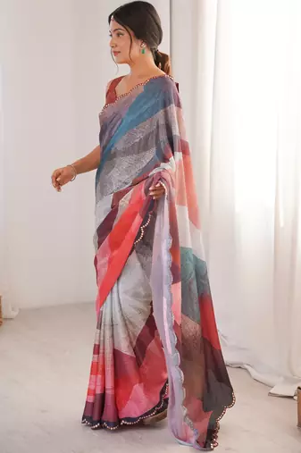 Chiffon digital print scallped border foil mirror work saree