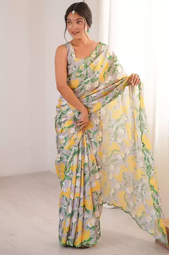 Chiffon digital print scallped border foil mirror work saree