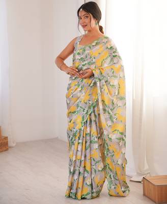 Chiffon digital print scallped border foil mirror work saree 1