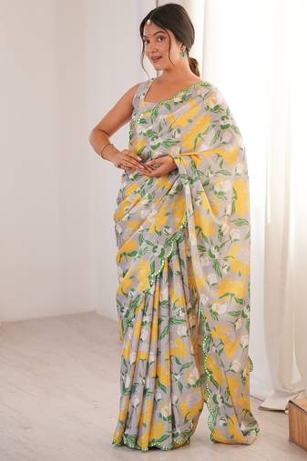 Chiffon digital print scallped border foil mirror work saree