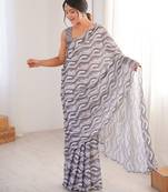 Chiffon digital print scallped border foil mirror work saree