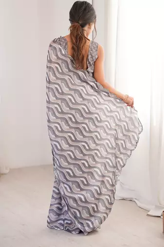 Chiffon digital print scallped border foil mirror work saree