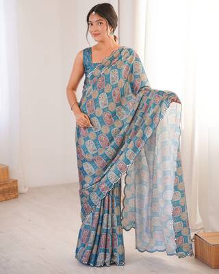 Chiffon digital print scallped border foil mirror work saree 3