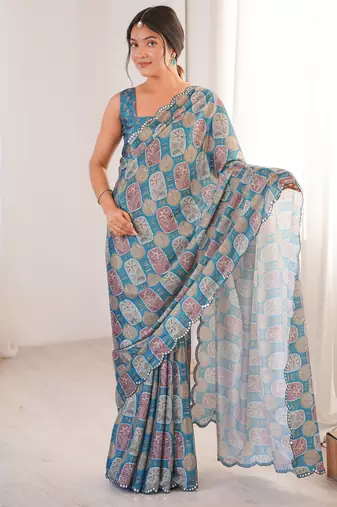 Chiffon digital print scallped border foil mirror work saree