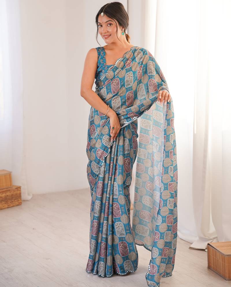 Chiffon digital print scallped border foil mirror work saree