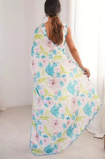Chiffon digital print scallped border foil mirror work saree