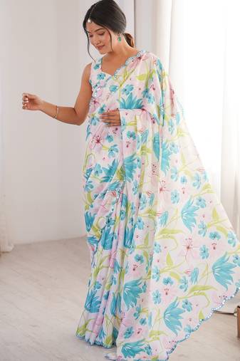 Chiffon digital print scallped border foil mirror work saree