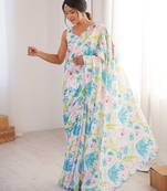 Chiffon digital print scallped border foil mirror work saree