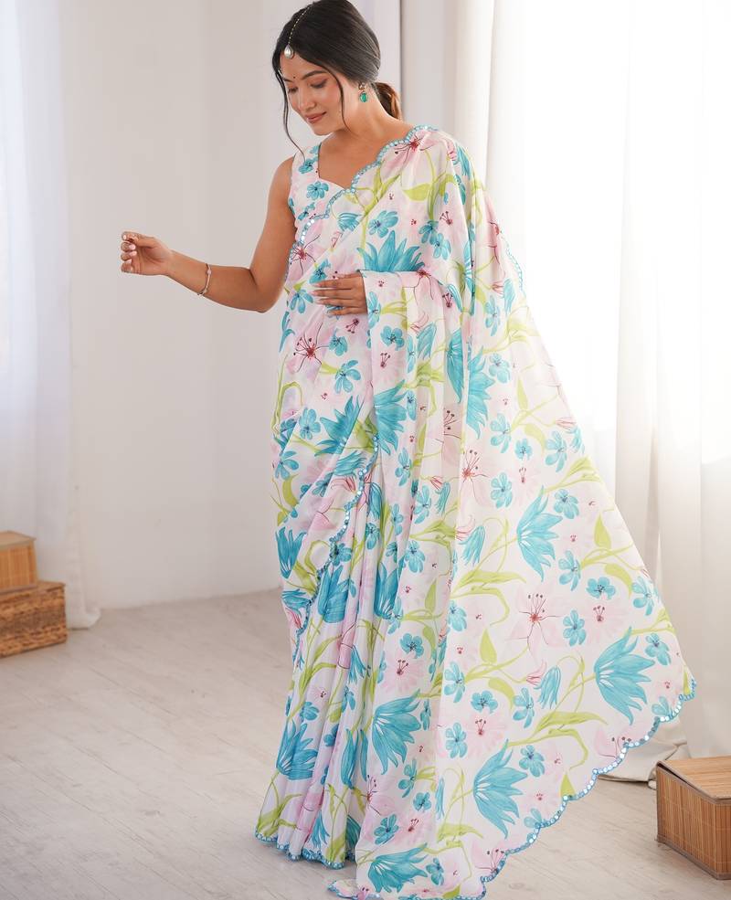 Chiffon digital print scallped border foil mirror work saree