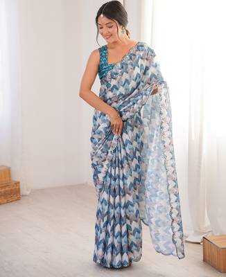 Chiffon digital print scallped border foil mirror work saree 1