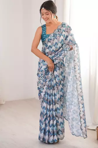 Chiffon digital print scallped border foil mirror work saree