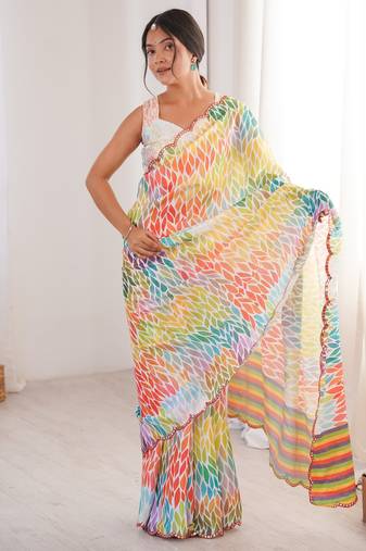 Chiffon digital print scallped border foil mirror work saree