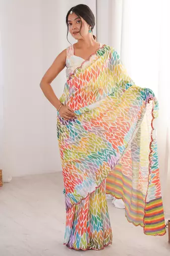 Chiffon digital print scallped border foil mirror work saree