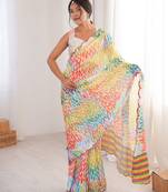 Chiffon digital print scallped border foil mirror work saree