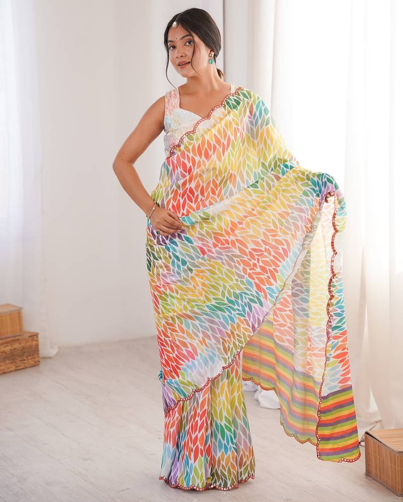 Chiffon digital print scallped border foil mirror work saree