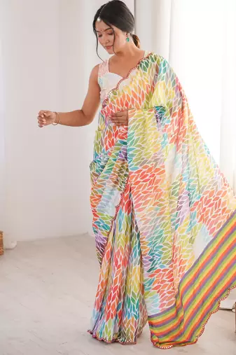 Chiffon digital print scallped border foil mirror work saree