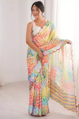 Chiffon digital print scallped border foil mirror work saree
