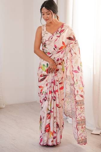 Chiffon digital print scallped border foil mirror work saree