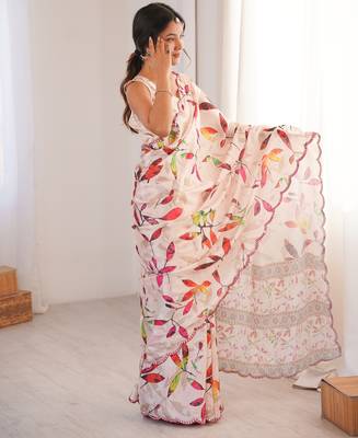Chiffon digital print scallped border foil mirror work saree 4
