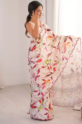Chiffon digital print scallped border foil mirror work saree