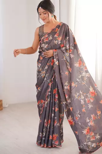 Chiffon digital print scallped border foil mirror work saree