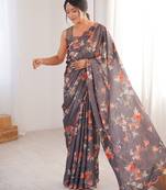 Chiffon digital print scallped border foil mirror work saree