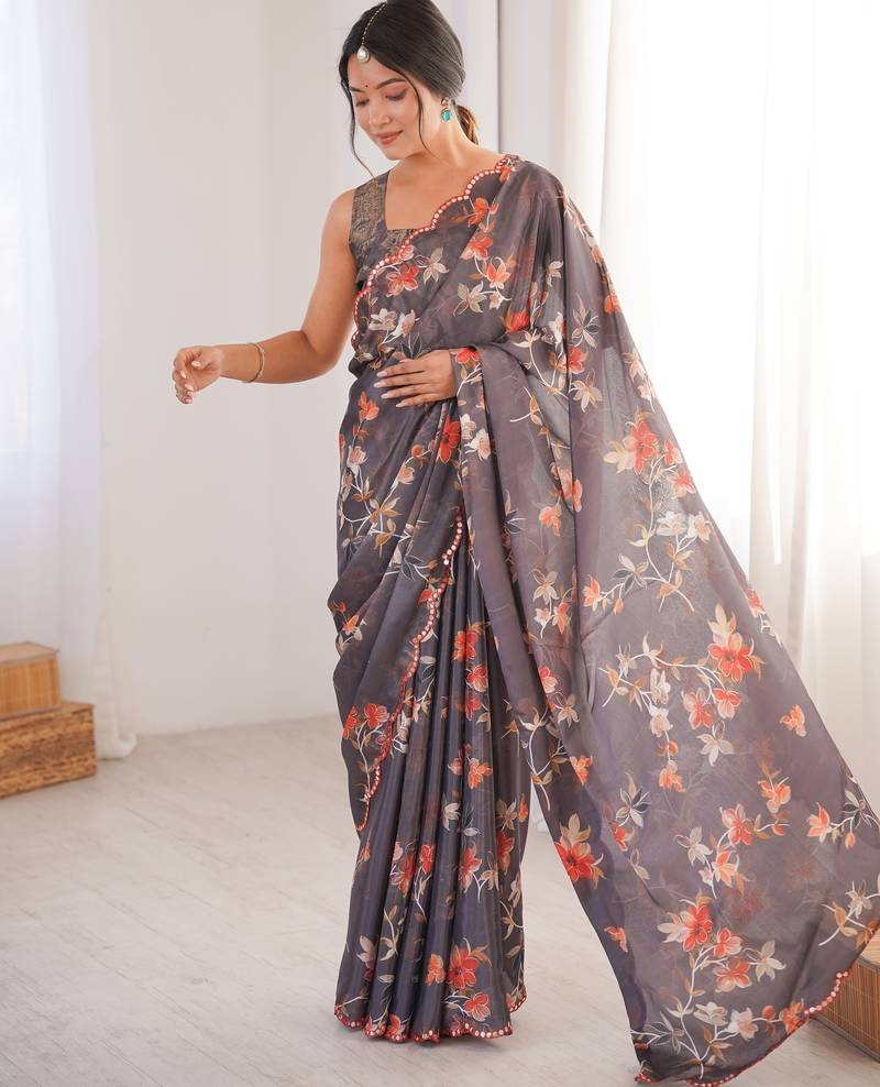 Chiffon digital print scallped border foil mirror work saree