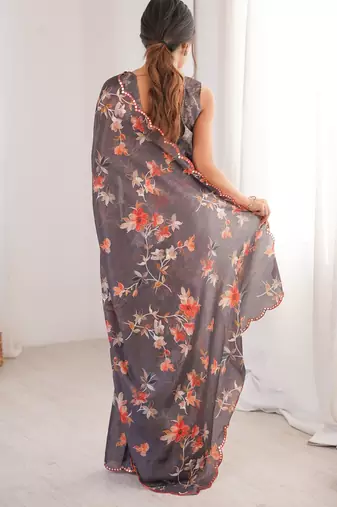 Chiffon digital print scallped border foil mirror work saree