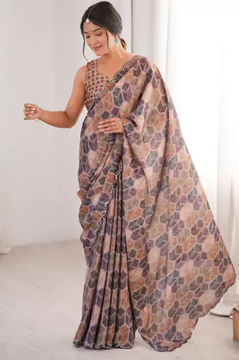 Chiffon digital print scallped border foil mirror work saree