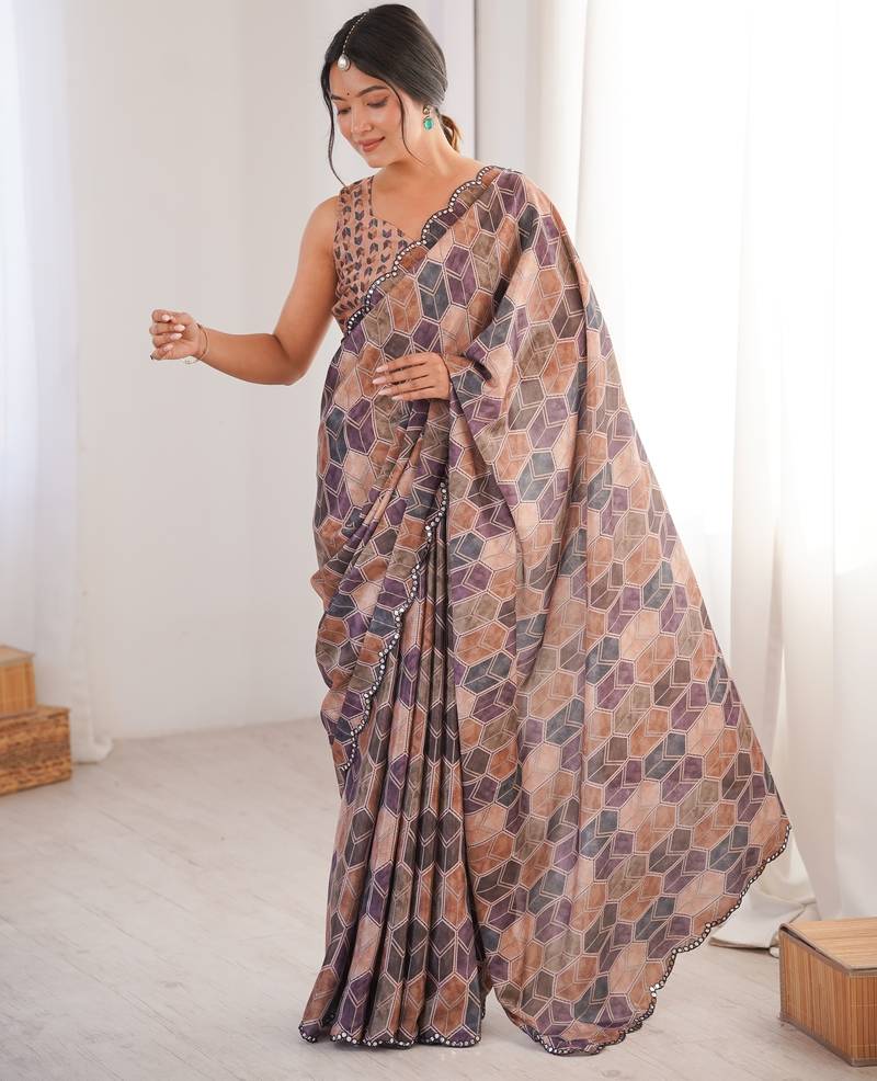 Chiffon digital print scallped border foil mirror work saree