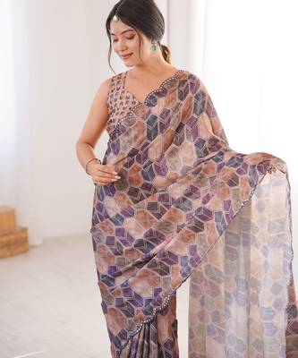 Chiffon digital print scallped border foil mirror work saree 2