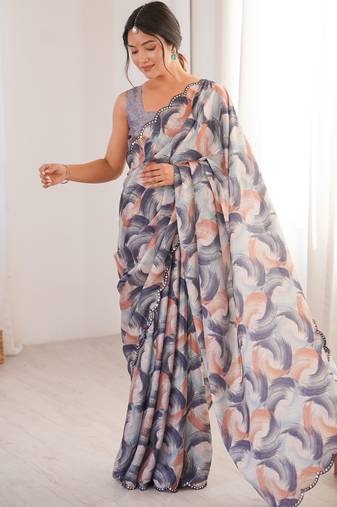 Chiffon digital print scallped border foil mirror work saree