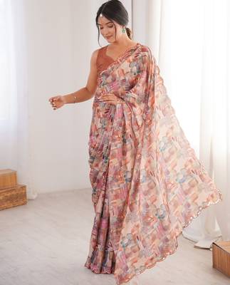 Chiffon digital print scallped border foil mirror work saree 3