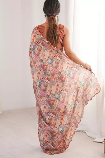 Chiffon digital print scallped border foil mirror work saree