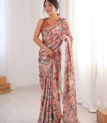 Chiffon digital print scallped border foil mirror work saree