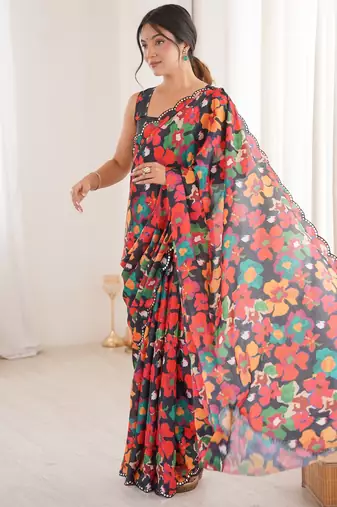 Chiffon digital print scallped border foil mirror work saree